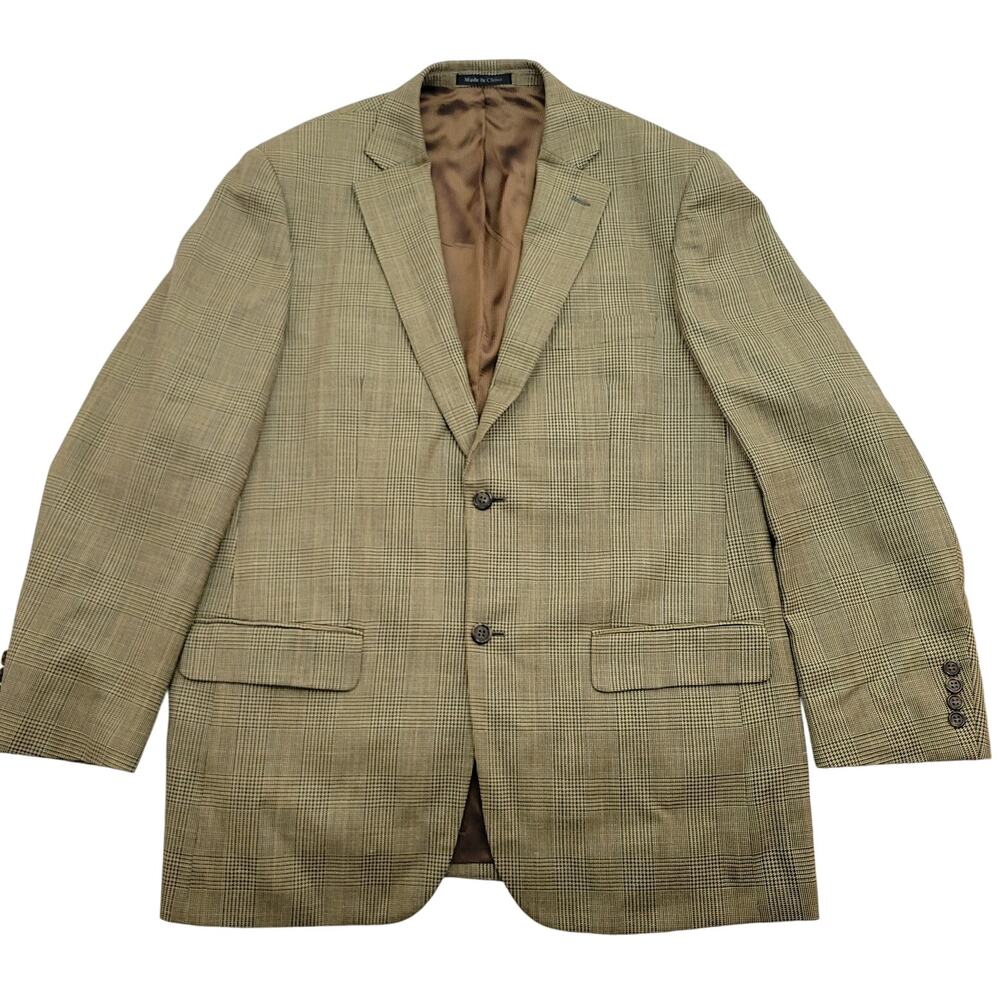 Pendleton Wool Silk Linen Blend Balzer 44R Plaid Brown Blue Tan 2 Button Vintage